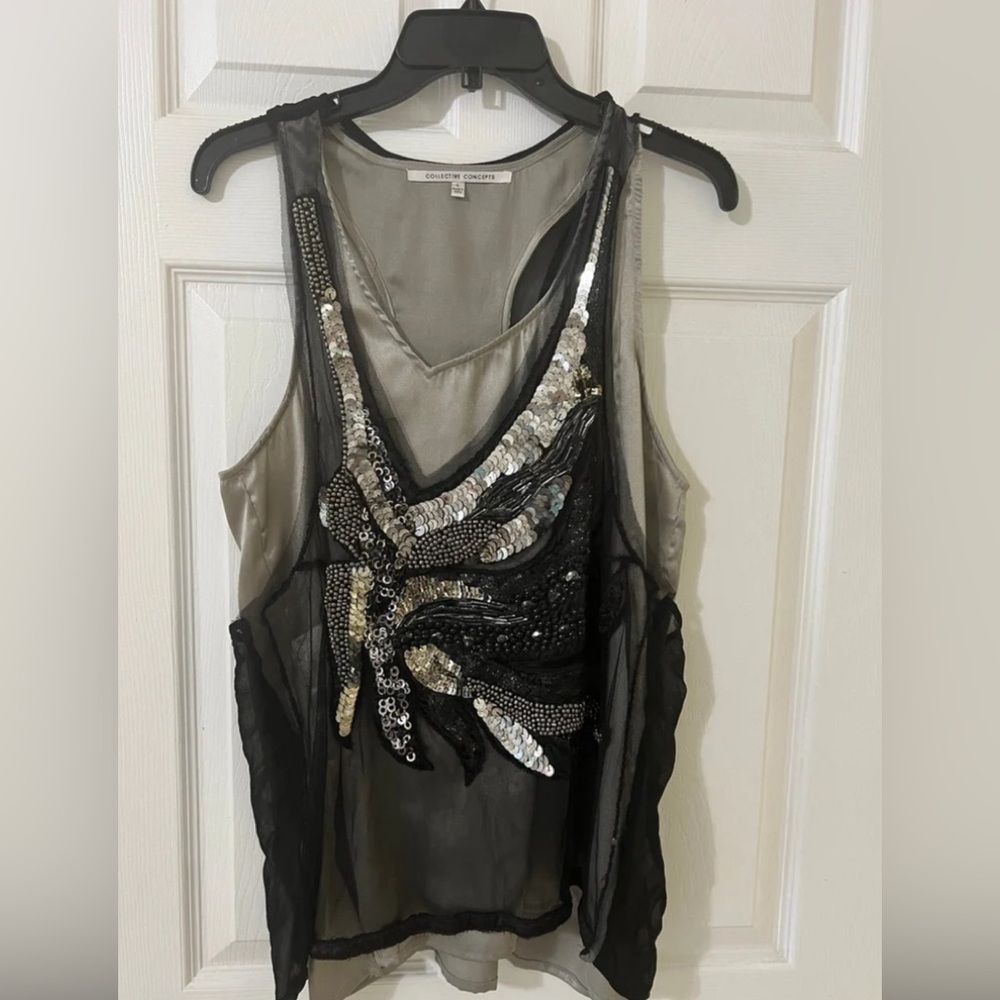 COLLECTIVE CONCEPTS ASYMMETRIC SEQUINS LAYERED TANK TOP